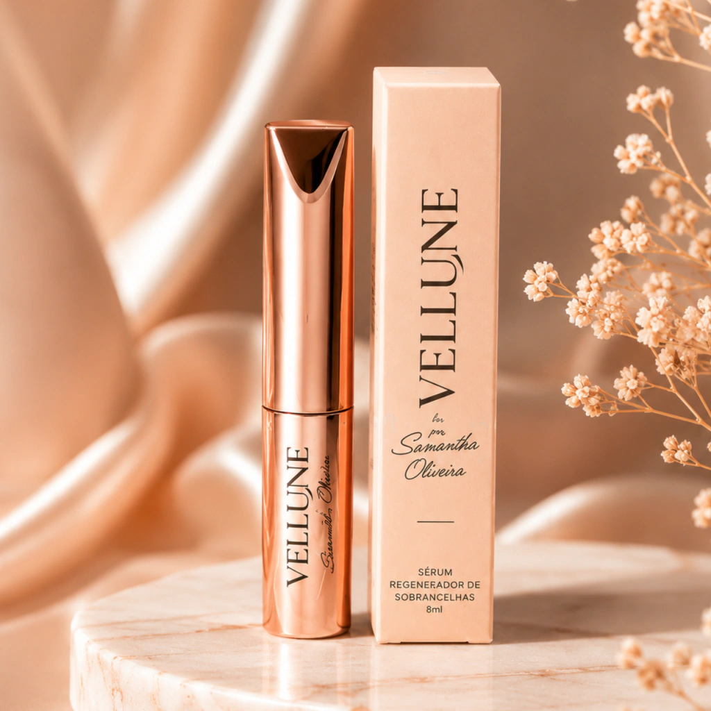 Frasco do sérum Vellune em acabamento rose gold espelhado, ao lado da caixa nude, sobre mármore e fundo de seda